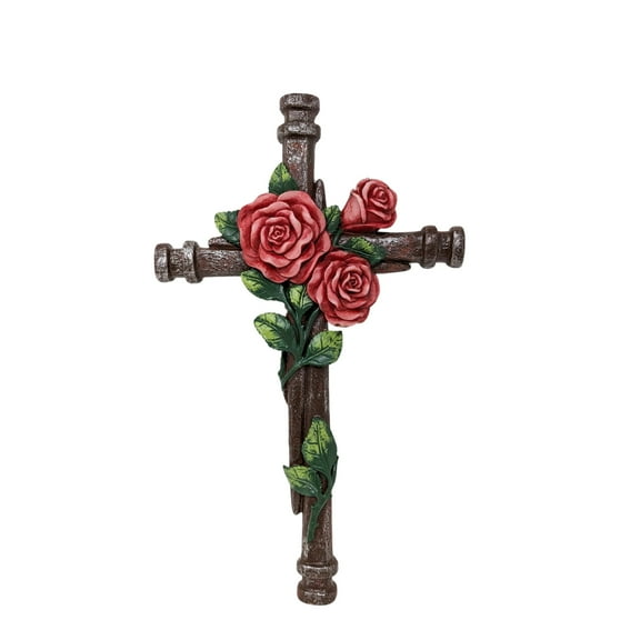 Wall Cross with Red Roses on Nail - Decorative Wall Hanging Spiritual Jesus Art Sculpture for Home Decor and Religious Gift for Christians