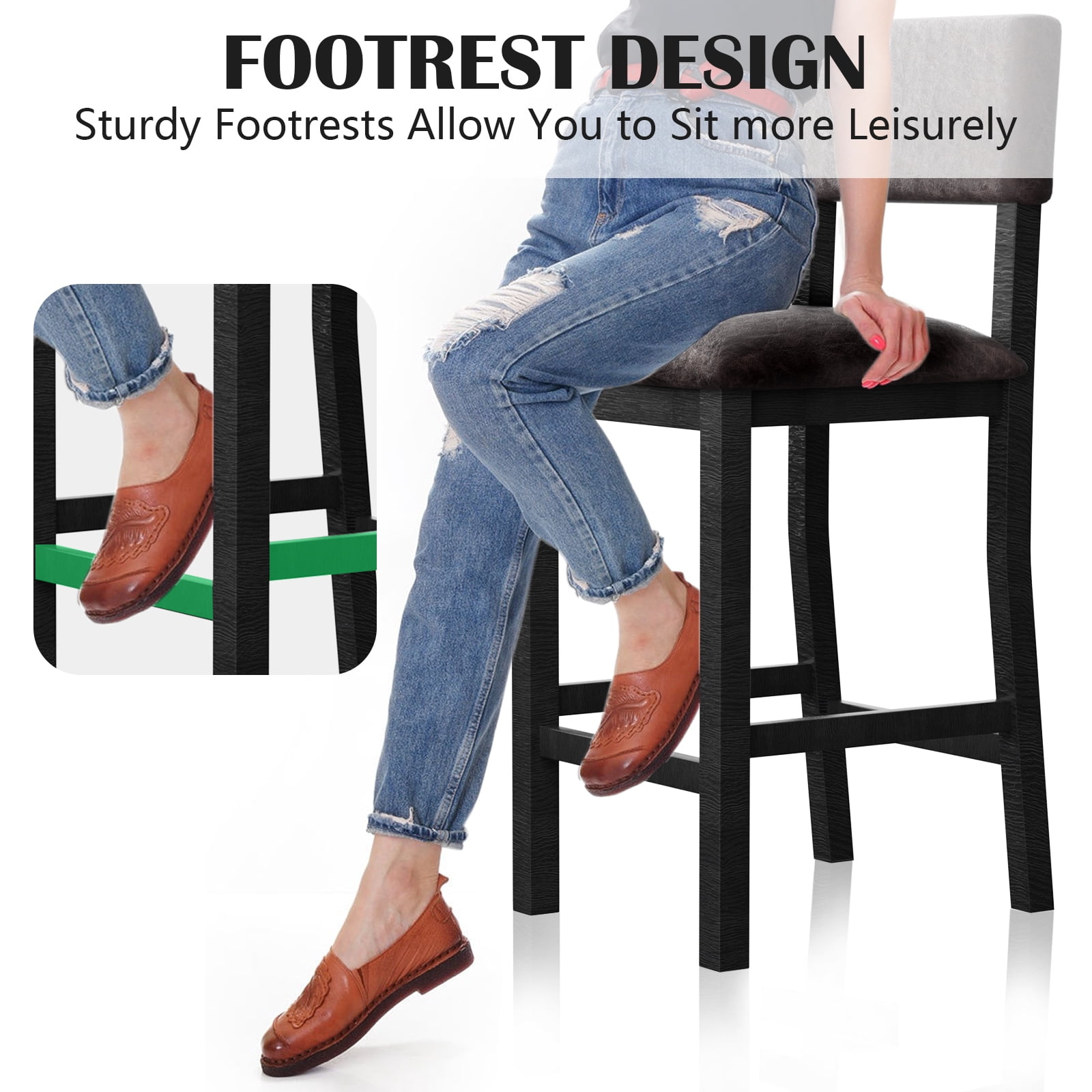 Nathaniel Home, 24" Bar Stools Leather Upholstered Chairs Set of 2, Counter Height Stools with Back, Dining Barstools with Footrest, Rustic Dark Brown