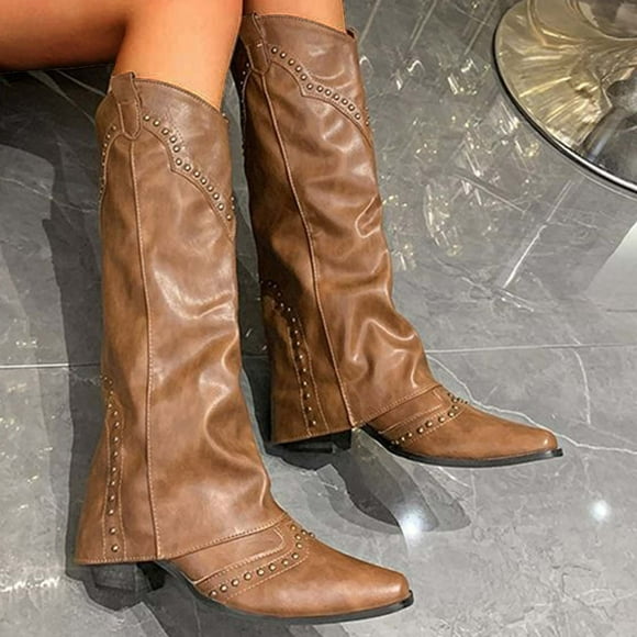 Amzcrzy Mid Calf Boots for Women Women's Fashion Casual All-Match Western Cowboy Metal Wear Artifact Fall and Winter Fashion Casual Thick Heel Thick Bottom Boots Womens Winter Boots Women's Boots