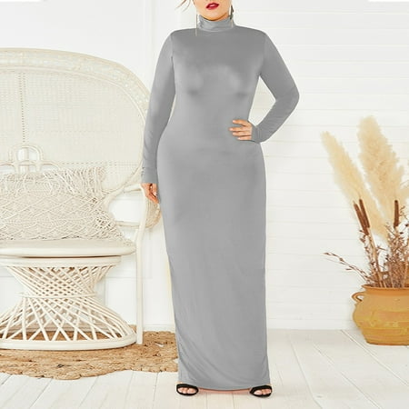 

ALSLIAO Women Plus Size Arab Knit Dress Long Sleeve Turtleneck Dress Soild Stretch Slim Gray 3XL
