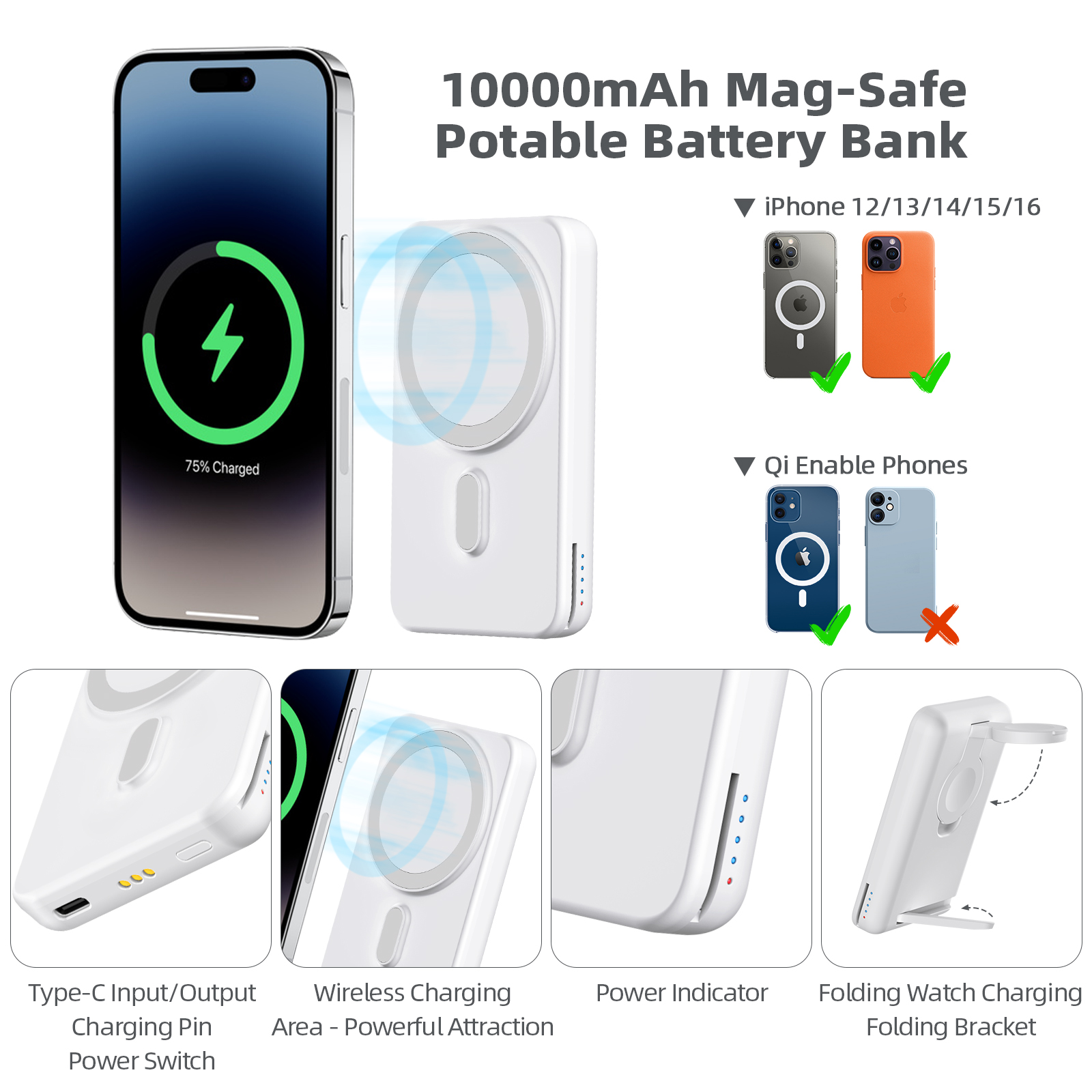 3 in 1 Wireless Charging Station, Detachable 10000mah Power Bank for Apple Watch, iPhone & Airpods