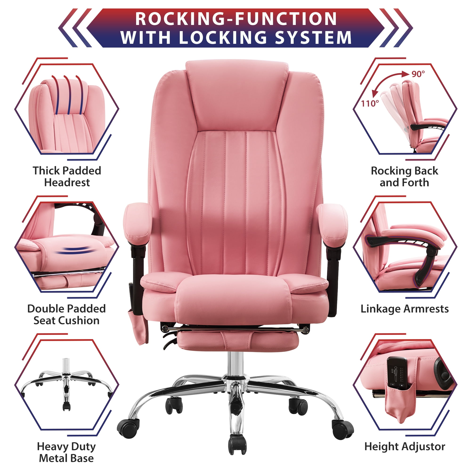 JONPONY Big and Tall Office Chair 500LBS Executive Office Chair Massage and Footrest Ergonomic Computer Desk Chair Reclining High Back Leather Office Chair Lumbar Back Support Swivel Rolling,Pink
