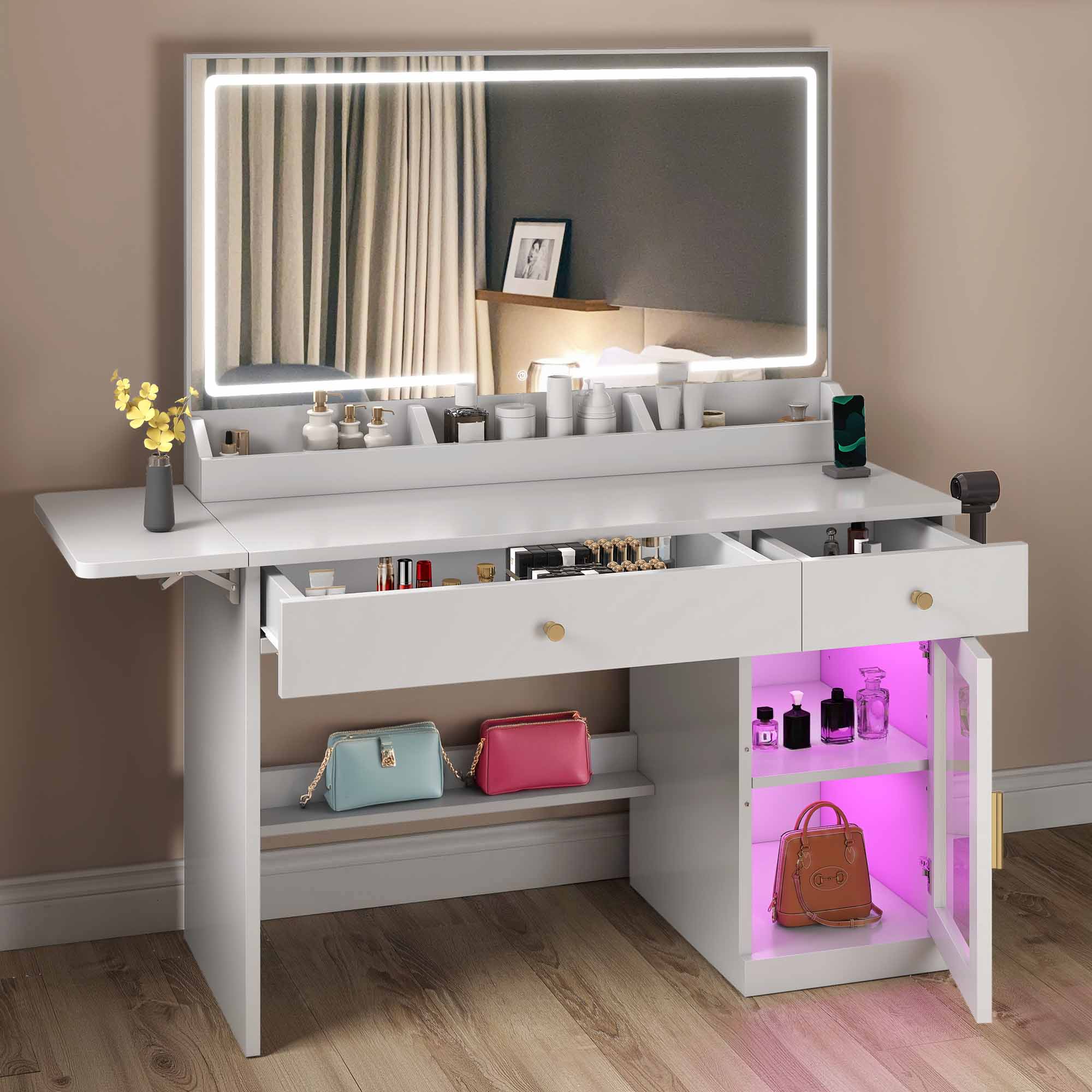 Uforic White Vanity Desk with LED Light Mirror & Power Outlet , Makeup Vanity with Extral Foldable Panel, Vanity Table with RGB Cabinet for Bedroom