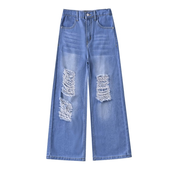 XEGLSBU Girls Jeans Size 12 Plus Stylish Girls Distressed Denim Pants Fashionable Casual Trousers for Teen and Big Kid Autumn Long Jeans Blue Size 10-11 Years