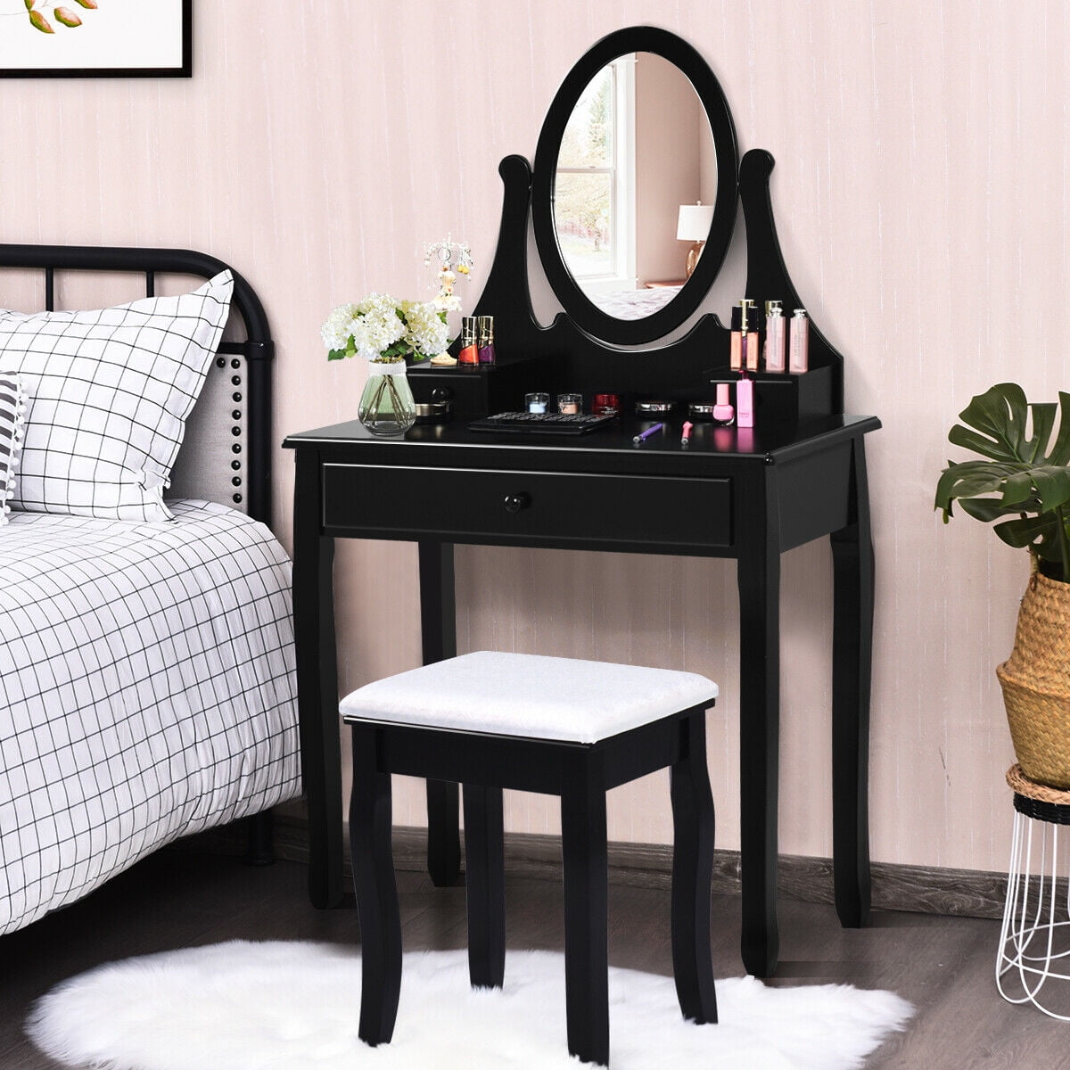 Gymax Fashion Bedroom Wooden Mirrored Makeup Vanity Set Stool Table Set Black