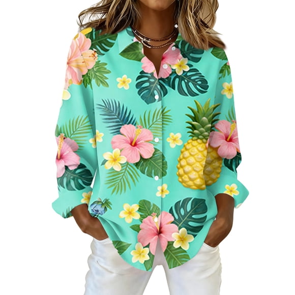 OIOLOYJM Womens Hawaiian Shirt Dressy Hawaii Print Long Sleeve Tee Shirts Summer Beach Button Blouses Work Army Green XL