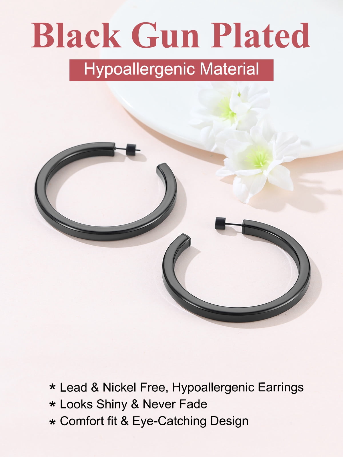 FOCALOOK Black Hoop Earrings for Women Hypoallergenic Lightweight Large Chunky Thick Trendy Cube Tube Open Hoop Earrings 60mm