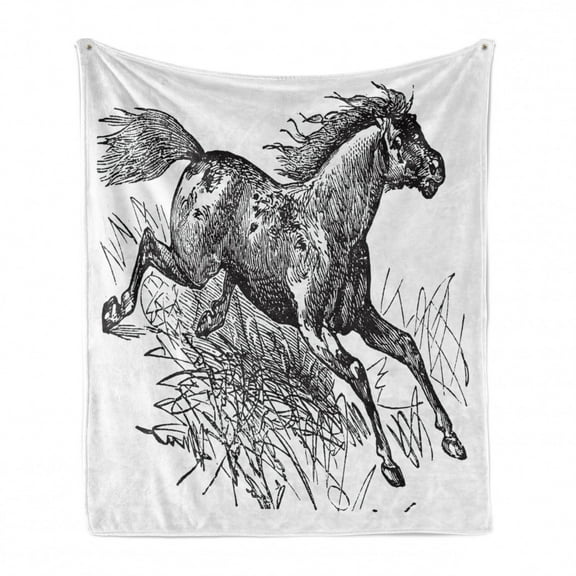 Western Horse Soft Flannel Fleece Blanket, Old Engraved Illustration of Galloping and Roaming Mustang Vintage Style, Cozy Plush for Indoor and Outdoor Use, 70" x 90", Dark Grey White, by Ambesonne