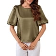 thumbnail image 3 of Women'S Satin Silk Blouses Puff Short Sleeve Dressy Casual Tops Loose Fit Crew Neck Cropped Shirts Green S, 3 of 10
