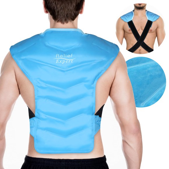 Relief Expert Large Ice Pack for Full Back and Shoulder with Straps, Reusable Gel Cold Pack with Cold Compress Therapy for Discomfort and Fatigue Relief, Post-Workout Recovery with Soft Plush Lining
