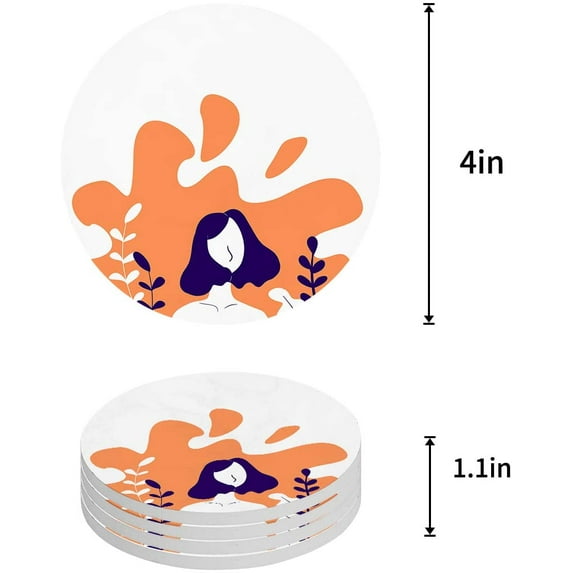 FMSHPON Minimalist Girl Plant Illustration Set of 6 Round Coaster for Drinks, Absorbent Ceramic Stone Coasters Cup Mat with Cork Base for Home Kitchen Room Coffee Table Bar Decor