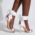 thumbnail image 5 of White silk satin ankle wrap big bow stiletto heels for women sexy elegant open round toe high heels, wedding prom bachelorette cocktail party evening dress, 5 of 7