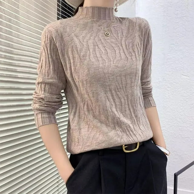 Pull-Over Coréen Mode Automne et Hiver Demi-Col Haut Basique Tricoté Manches Longues Slim Uni