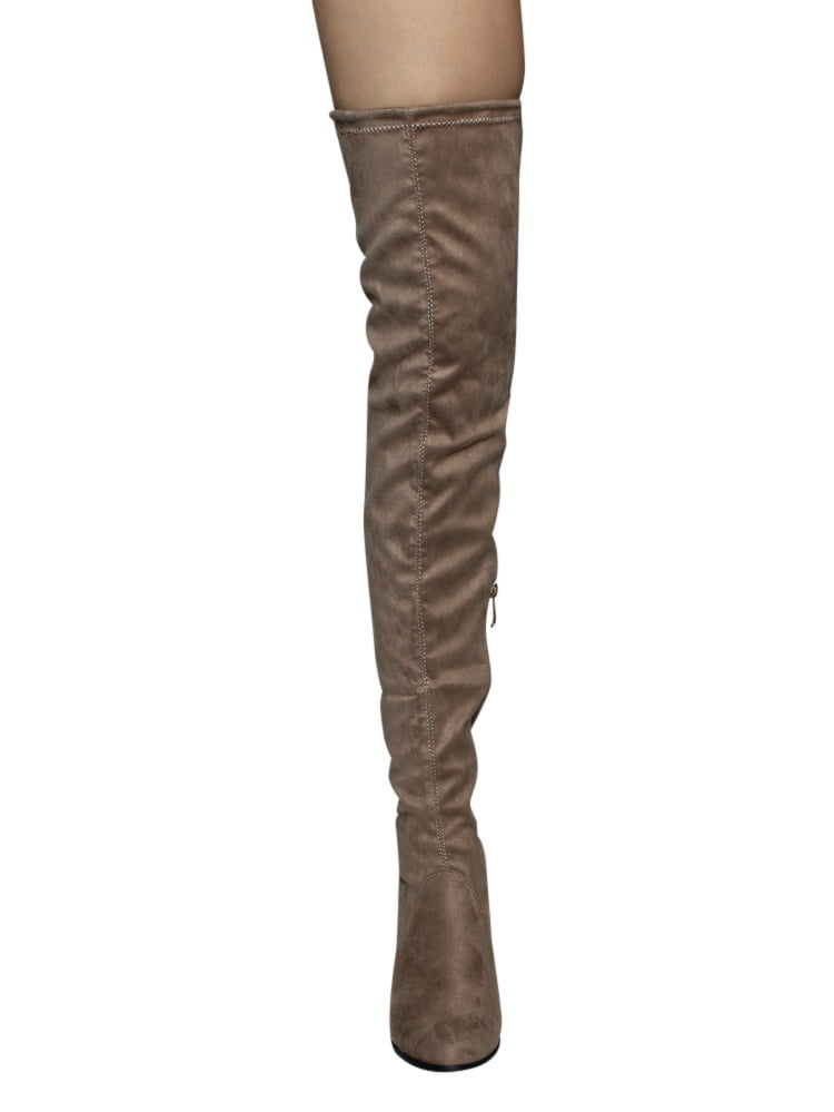 New Women Wild Diva Blossom-23 Faux Suede Thigh High Lucite Block Heel Boot 