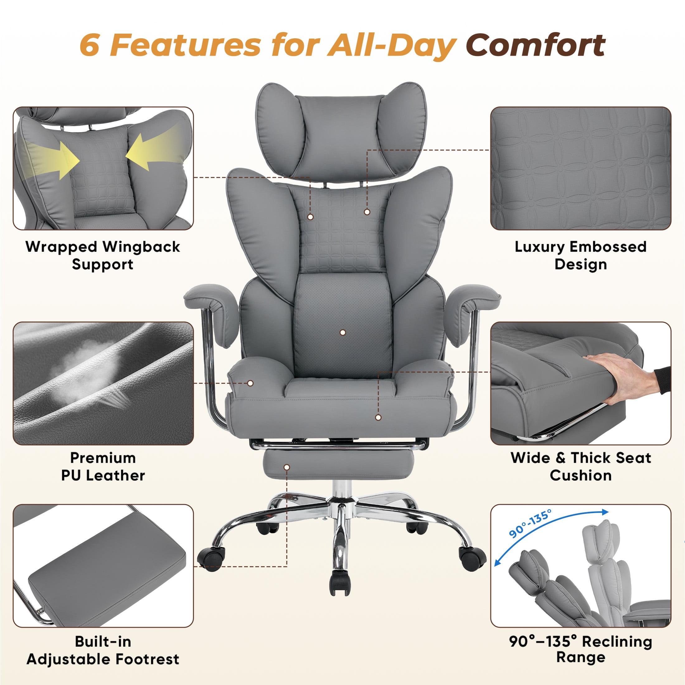 CONCETTA Ergonomic Big and Tall Office Chair, Scratch-Resistant PU Leather Executive Desk Chair with Spring Lumbar Support Gray