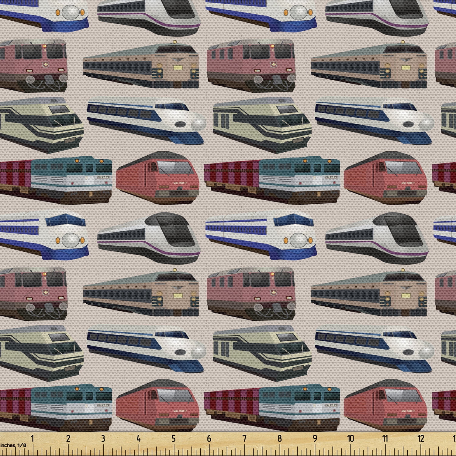 Train Fabric by the Yard, Continuous Pattern with Various Types of