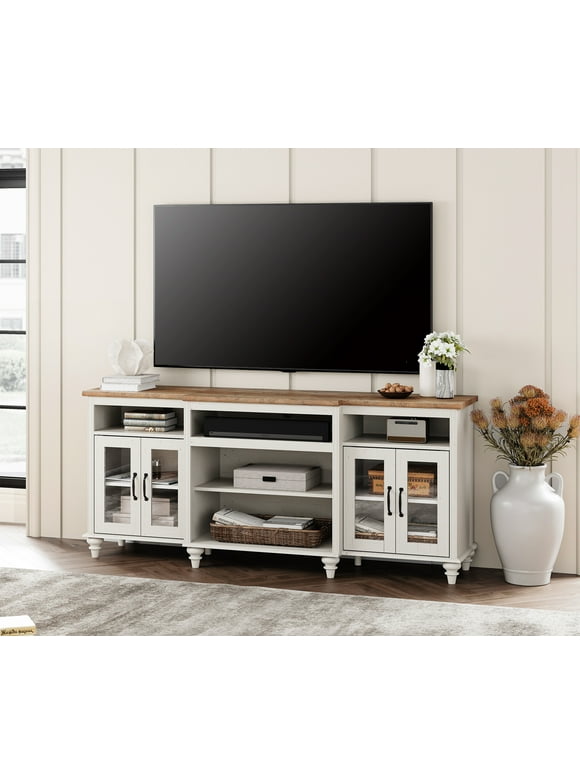 Antique White Farmhouse TV Stand with 4 Glass Doors for TVs up to 75", Highboy Entertainment Center with 9 Storage Compartments, 70" Wooden TV Console for Living Room or Bedroom