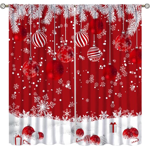 Merry Christmas Curtains, Christmas Ball Winter Snowflakes Glitter Red Print Rod Pocket Thermal Drapes for Living Room Bedroom Kitchen Window Treatment, 84x84 Inch