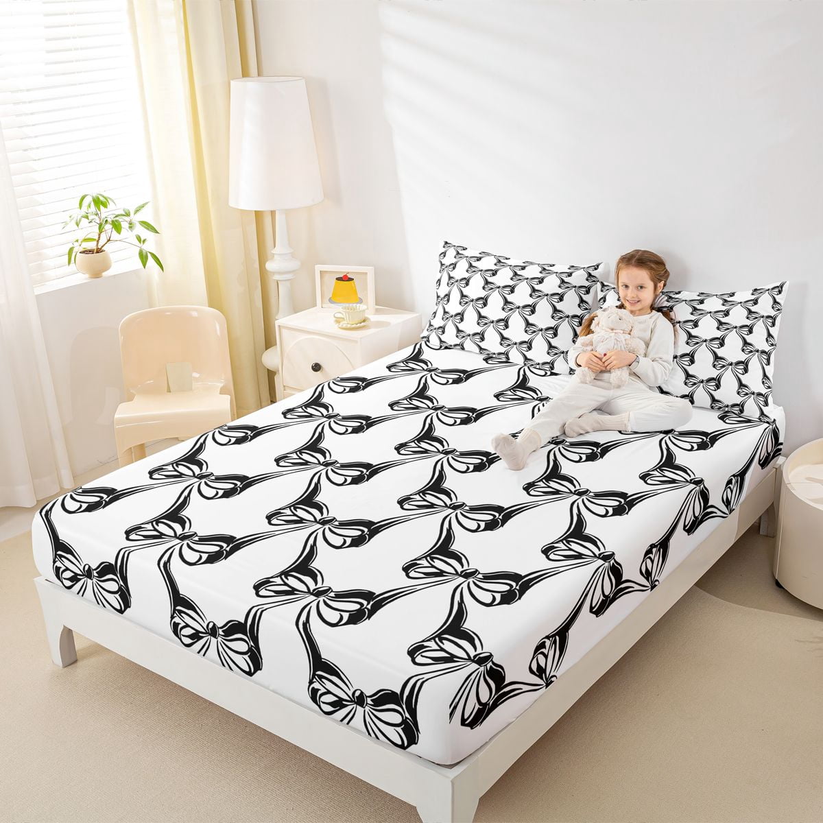Homewish Black Bowknot Twin Sheet Sets,Cartoon Bowtie Print Twin Fitted Sheet,Bowtie Bow Ribbon 03 For Girls,Microfiber Bedroom Decor,3 Pieces