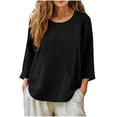 thumbnail image 6 of Loose Fit Women's Linen-Cotton Tops Round Neck 3/4 Sleeve Side Pocket Blouses Lightweight Breathable Spring Summer Casual Daily Wear, 6 of 7
