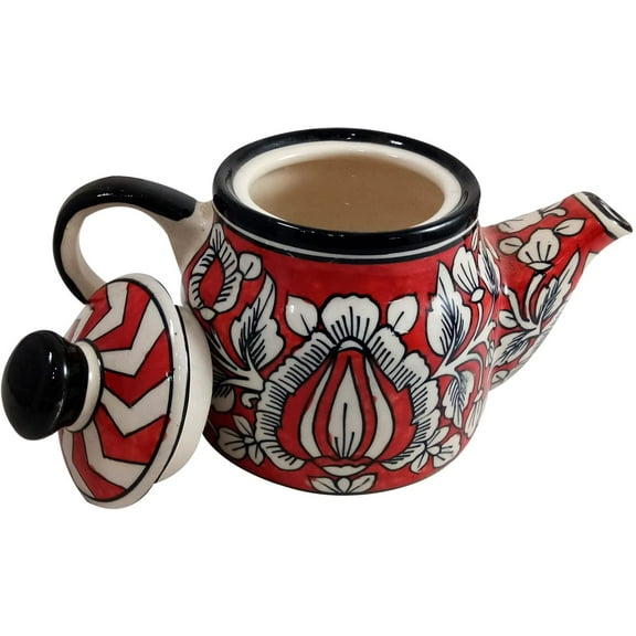 India Meets India Red Ceramic Tea Pot Kettle 20 Oz Floral Handpainted Indian Handicraft