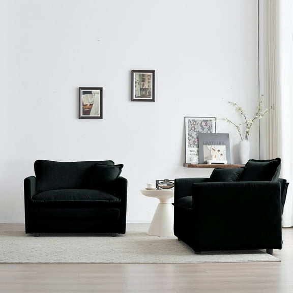 Accent Chair Set of 2, High-end Chenille Upholstered Armchairs, Living Room Side Chairs with Toss Pillow, Black Chenille