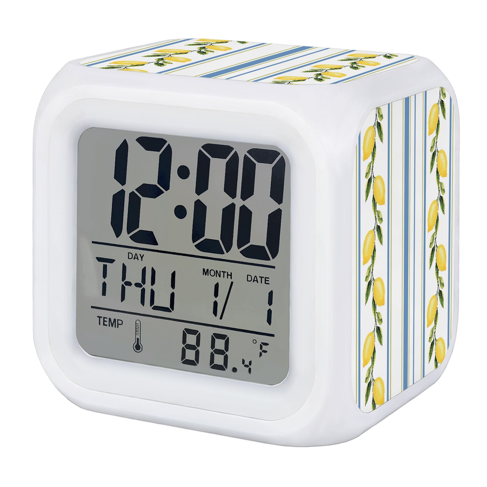 Lemon Alarm Clock, Blue Striped Summer Fruit Digital Clock Night Light with 7 Color, Calendar Temperature Lemon Alarm Clock, Blue Striped Summer Fruit Digital Clock Night Light with 7 Color, Calendar - e