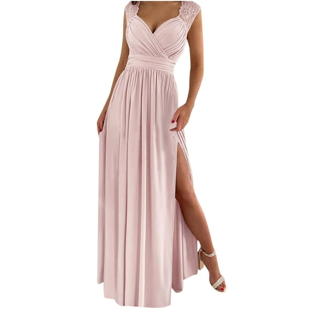 Moda mujer verano sólido sin mangas V-Nevk Split Casual encaje Pachwork vestido Pompotops ghjkhdj3726