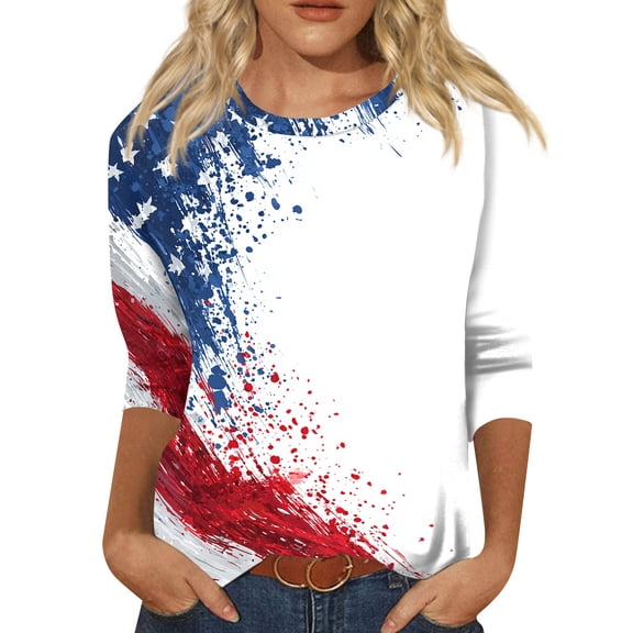 250th Anniversary USA Shirts for Women 3/4 Sleeve T Shirts Loose American Flag Print Tops Independence Day Patriotic Pullover 4th of July Celebration Party Round Neck Blouses Light Blue 5XL