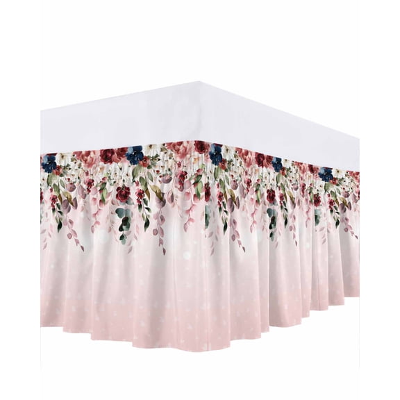 Valentine's Day Bed Skirt Queen Size 16 Inch Drop, Watercolors Red Blue Rose Leaves Pink Ombre Adjustable Elastic Dust Ruffles Bedskirt for Queen Bed Wrap Around Pleated Mattress Frame Cover