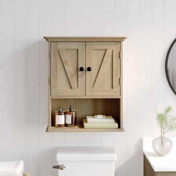 BizChair Farmhouse Wall Mounted Bathroom Medicine Cabinet Storage Organizer with 2 Magnetic Closure Doors, Adjustable Shelf, and Lower Open Shelf in Brown