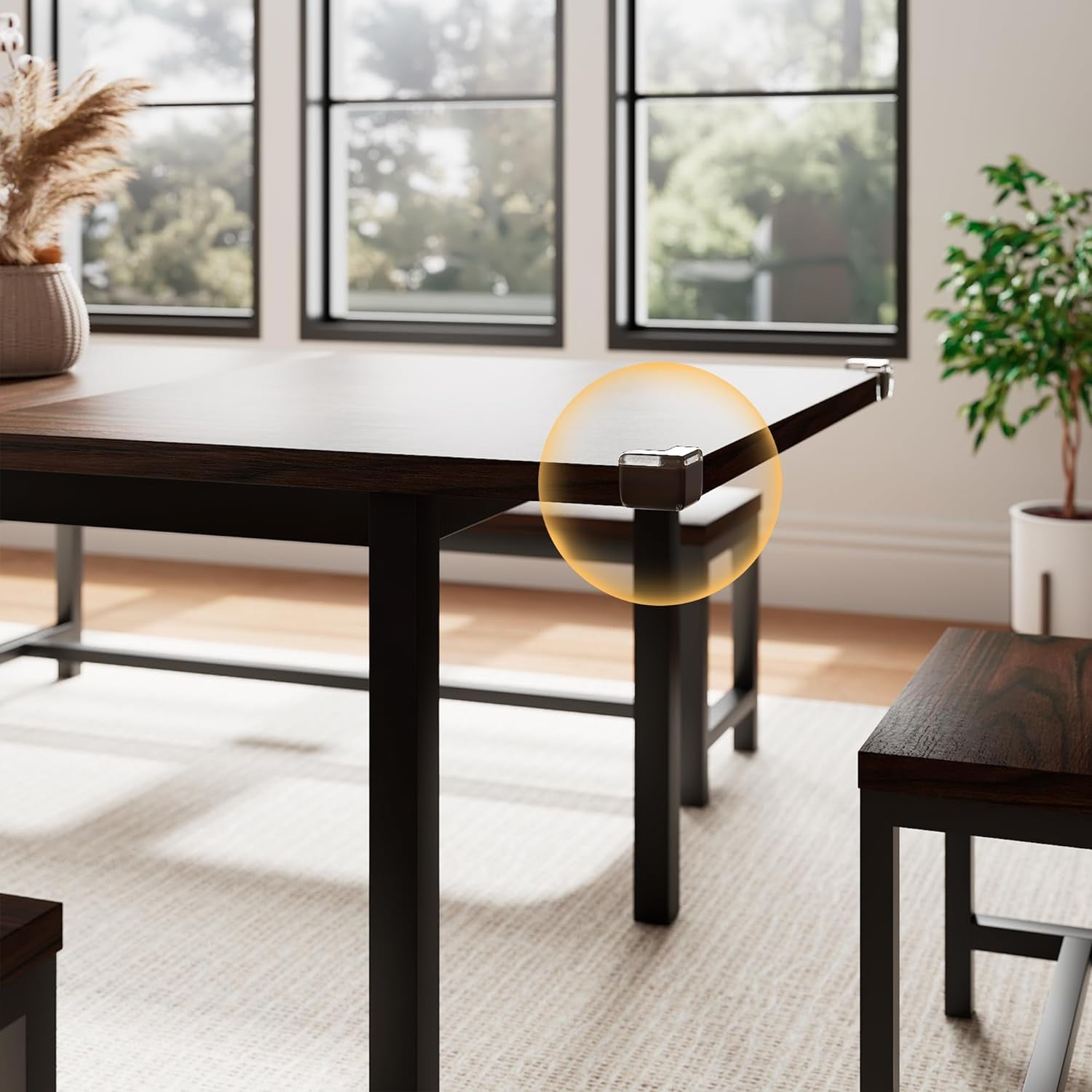 Honfach 5 Piece Dining Table Set for 4-8 People, 63" Large Extendable Kitchen Table Set with 2 Benches and 2 Square Stools, Dining Room Table with MDF Wood Board，Espresso