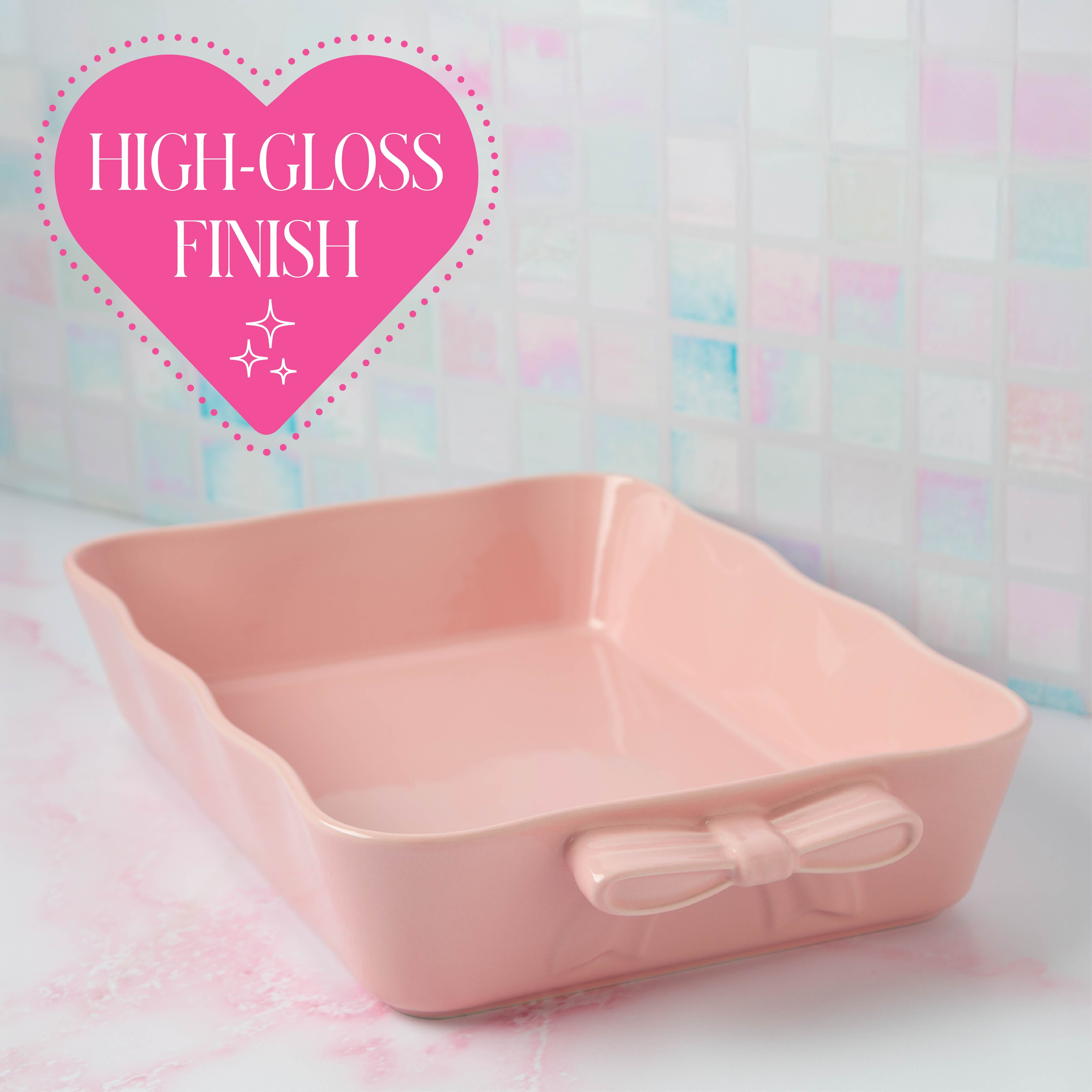 Paris Hilton Ceramic Stoneware Rectangular Lasagna Baker, 13 x 9 x 2.5 Inches, Oven Safe to 450°F, Dishwasher & Microwave Safe, Pink with Bow Handles