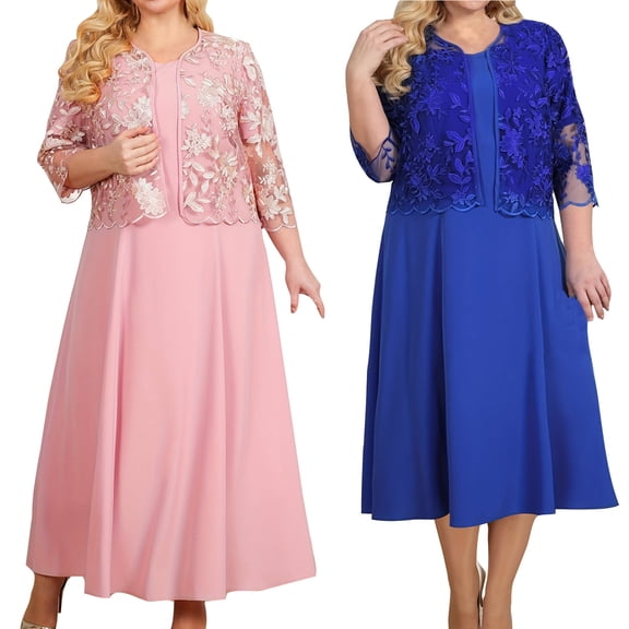 Women Plus Size 2 Piece formal Dress Outfit Set, 3/4 Sleeve Lace Shrug Cardigan Solid V Neck Midi Flowy Dress Wedding Guest Evening Party Matching Outfit Pink 1XL