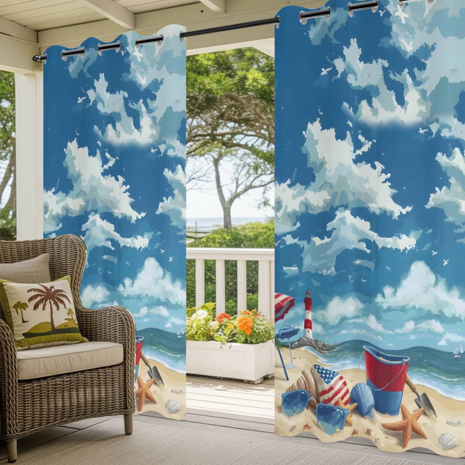 Summer Beach Outdoor Curtains for Patio, Ocean Blue Sky Shell Umbrella Sea Star Sunshade Privacy Drapes Grommet Waterproof Outside Curtains for Porch/Cabana/Balcony 54"x 108", 1 Panel