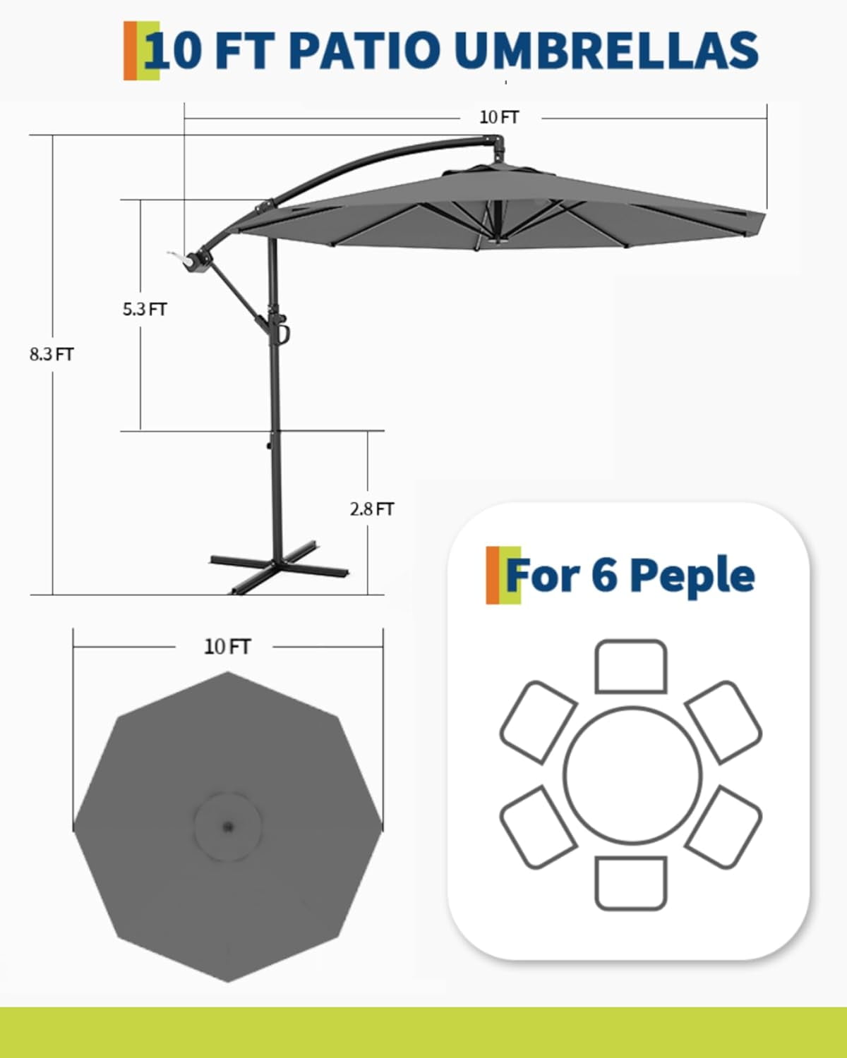 Memoryfield 10FT Outdoor Patio Hanging Offset Cantilever Umbrella with Solar LED Lights, Cantilever Market Umbrella with Cross Base, Gray