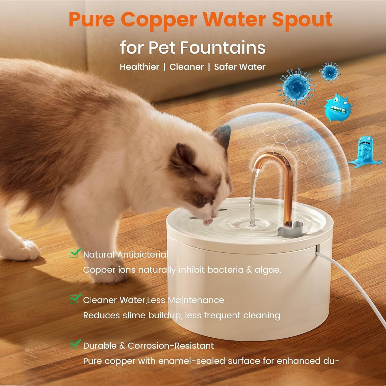 Ceramic Cat Water Fountain - 2.1L/71oz - All-Ceramic Body & Pure Copper Water Spout - Non-Toxic - Automatic Pet Drinking Fountain Indoor with Ultra-Quiet Pump, and 3Pcs Filter & Sponge