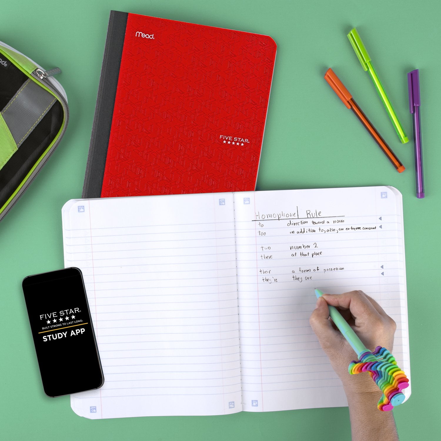 Five Star Composition Book Plus Study App, Wide Ruled, 7.5" x 9.75", Fire Red, Poly, 80 Sheets