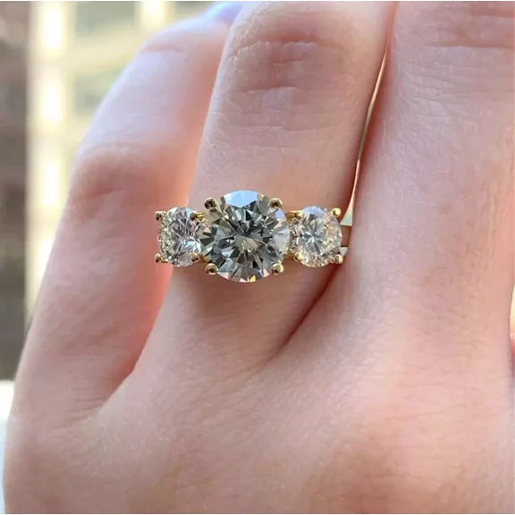 3Ct Round Cut VVS1 Moissanite Three Stone Engagement Ring 14k Yellow Gold Plated
