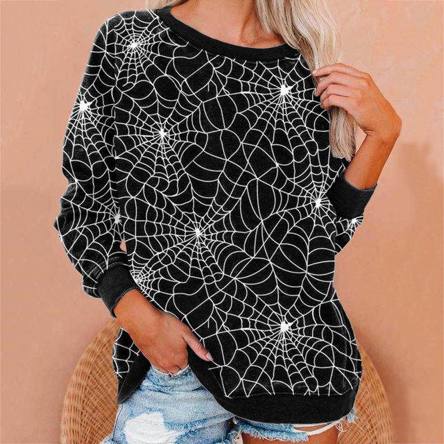 2023 Chandail en Molleton de Mode pour Femmes 50 % de Rabais Liquidation Femmes Manches Longues Décontractées Col Rond Hauts Blouse Ample Imprimé Graphique d'Halloween