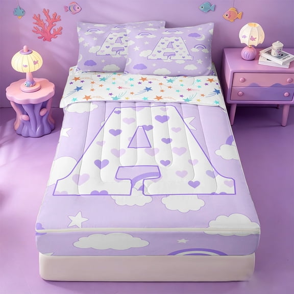 meiyoeat Purple Rainbow Cloud Monogram A Zipper Twin Comforter Sets with Fitted Sheet and 2 Pillowcases,Stars Heart Initial Zipper Bedding Set For Girl,Colorful Stars Reversible,4 Pieces