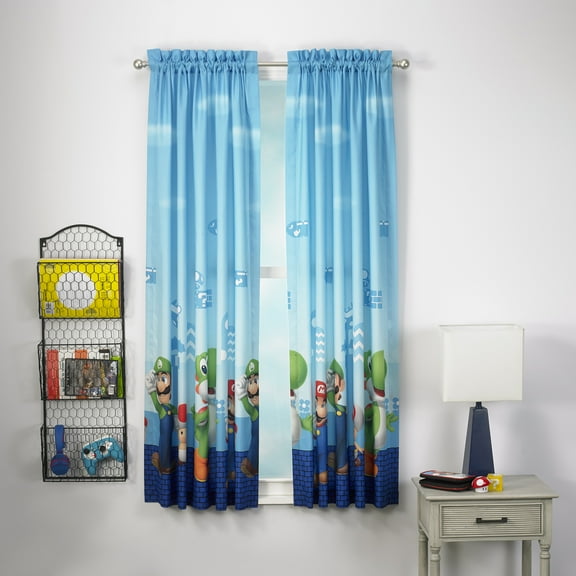 Super Mario Kids Bedroom Window Curtains, 2 Panel Set, 63inch Length, Blue