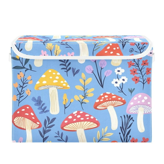 Colorful Mushrooms and Flowers Large Storage Bins with Linen Collapsible Lid Storage Box 16.7 x 12.6 x 11.8in