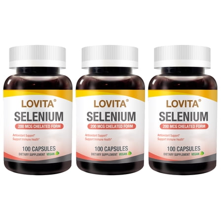 LOVITA Selenium 200 mcg (as Glycinate Chelate) – High Absorption, Yeast-Free – Supports Immune & Thyroid Health – 100 Vegan Capsules (Pack of 3)