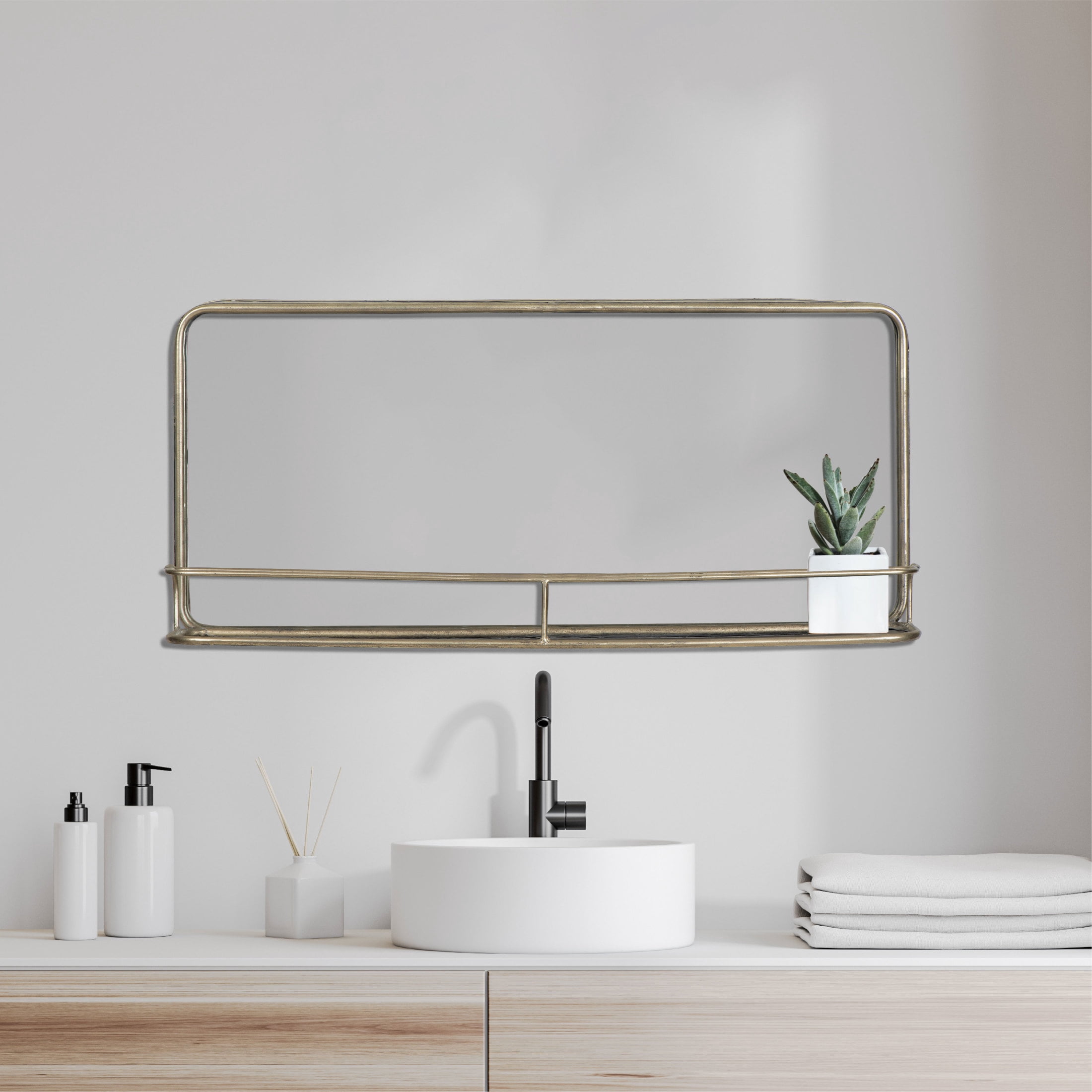 Creative Co-Op Wide Metal Framed Wall Mirror with Shelf, Brass