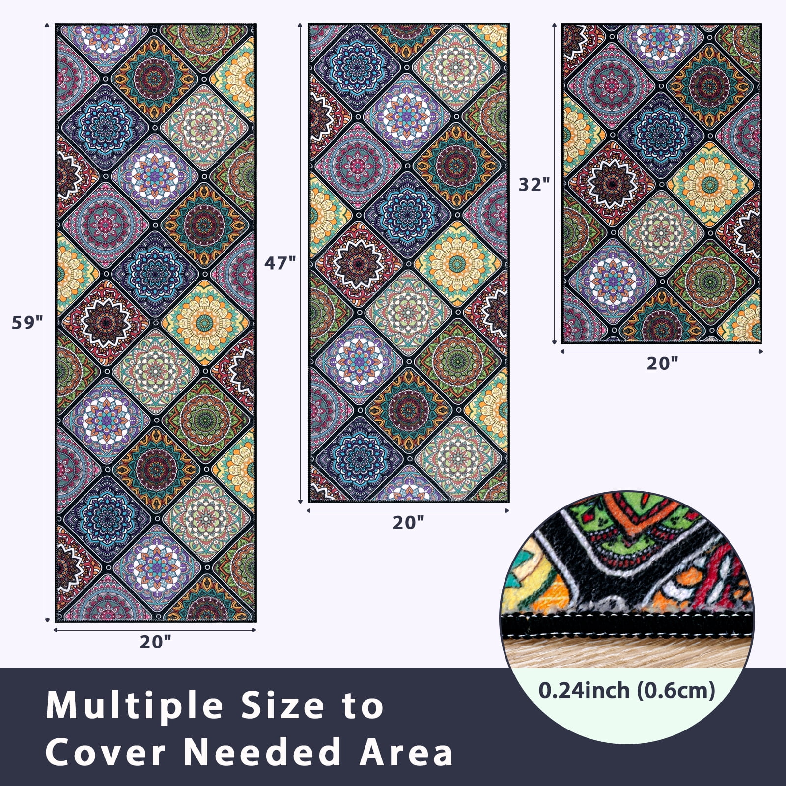 Findosom 3pc Boho Kitchen Rugs and Mats Set, Non Slip Washable Kitchen Runner Rug for Kitchen Floor, Farmhouse Kitchen Decor, Hallway, Entryway, Laundry Room,20"x32"+20"x47"+20"x59" Colorful