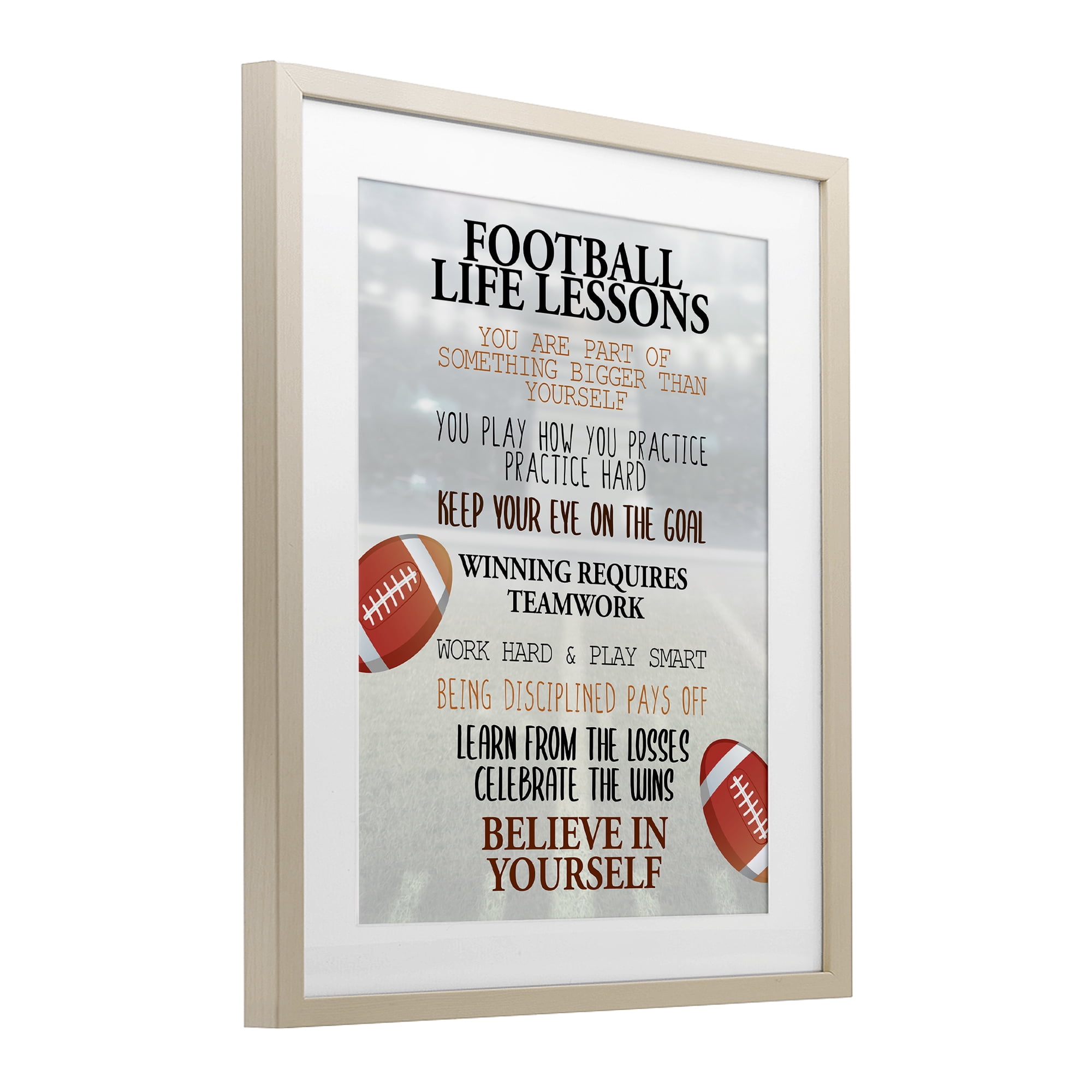 Football Life Lessons Birch Framed Print Under Glass, design by Kim Allen