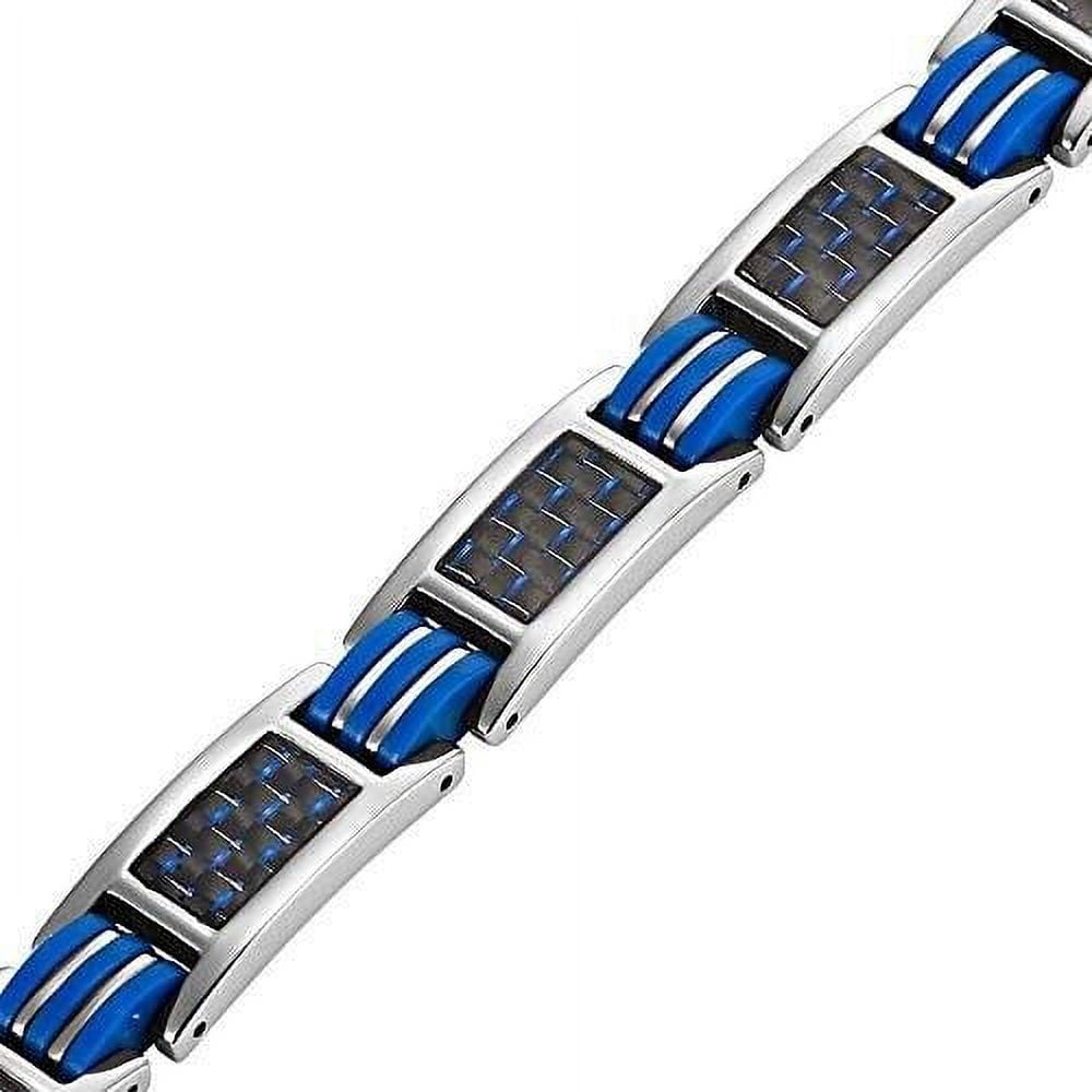 8.5" Mens Magnetic Steel Bracelet Silver Blue Links Black Carbon Fiber and Fancy Box.