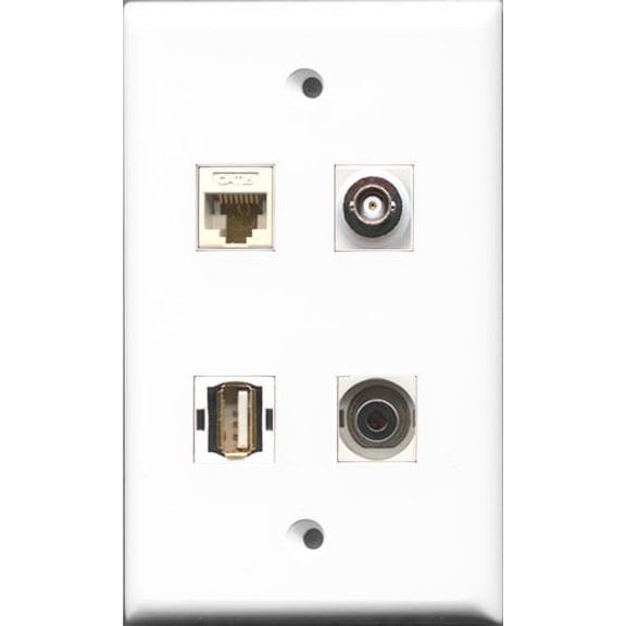RiteAV 1 Port USB A-A and 1 Port 3.5mm and 1 Port BNC and 1 Port Cat6 Ethernet White Wall Plate