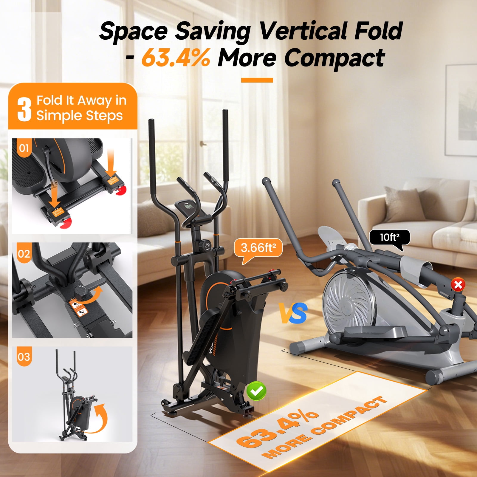FED Fitness Foldable Elliptical – 16 Levels Magnetic Resistance, 350 lbs Capacity